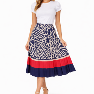 Mixed Print Color-Block A-Line Pleated Skirt