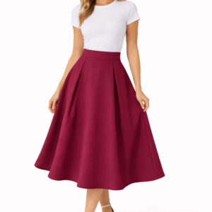legant High-Waisted Pleated Midi Skirt in Burgundy